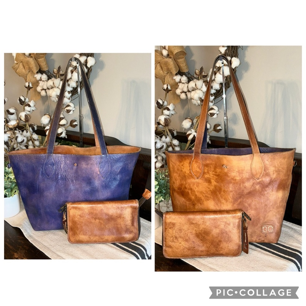 Bed Stu Reversible Leather Tote - Blue and Tan with Matching Wallet